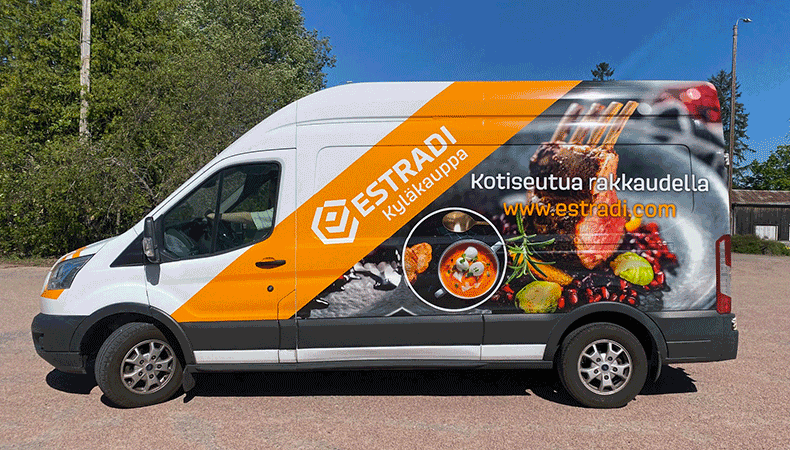 Estradi Kyläkauppa autoteippaus - Mainostoimisto Brandx Oy