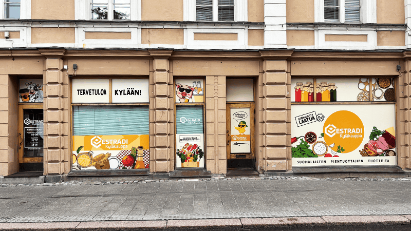 Estradi Kyläkauppa teippaus Turun HAnsa korttelissa - Mainostoimisto Brandx Oy