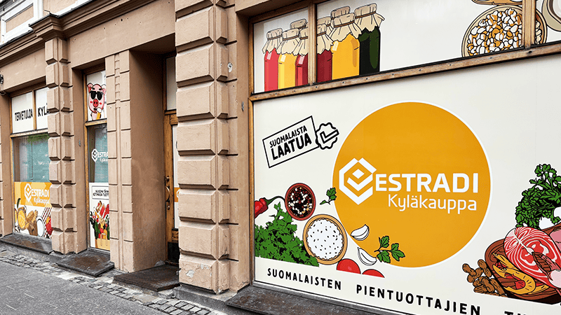Estradi Kyläkauppa teippaus Turun HAnsa korttelissa - Mainostoimisto Brandx Oy